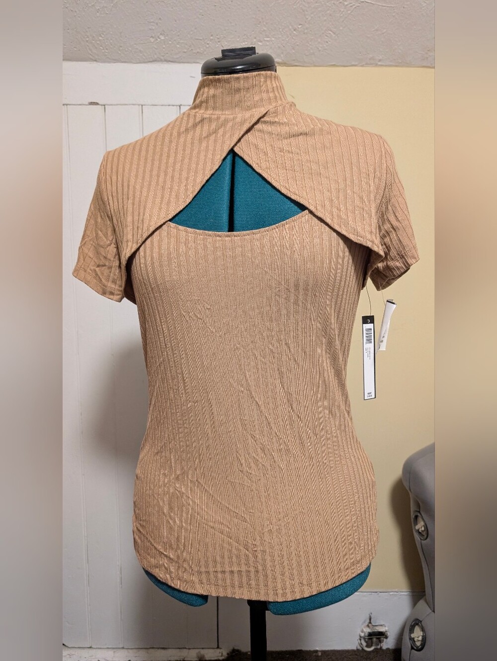 Catherine Malandrino Taupe Ribbed Mock Neck Short Sleeve Top